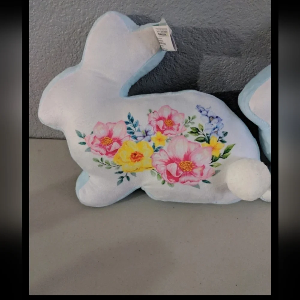 Easter Bunny Cottontail Decorative Pillows Floral Pastel Blue Pink Cottage Core